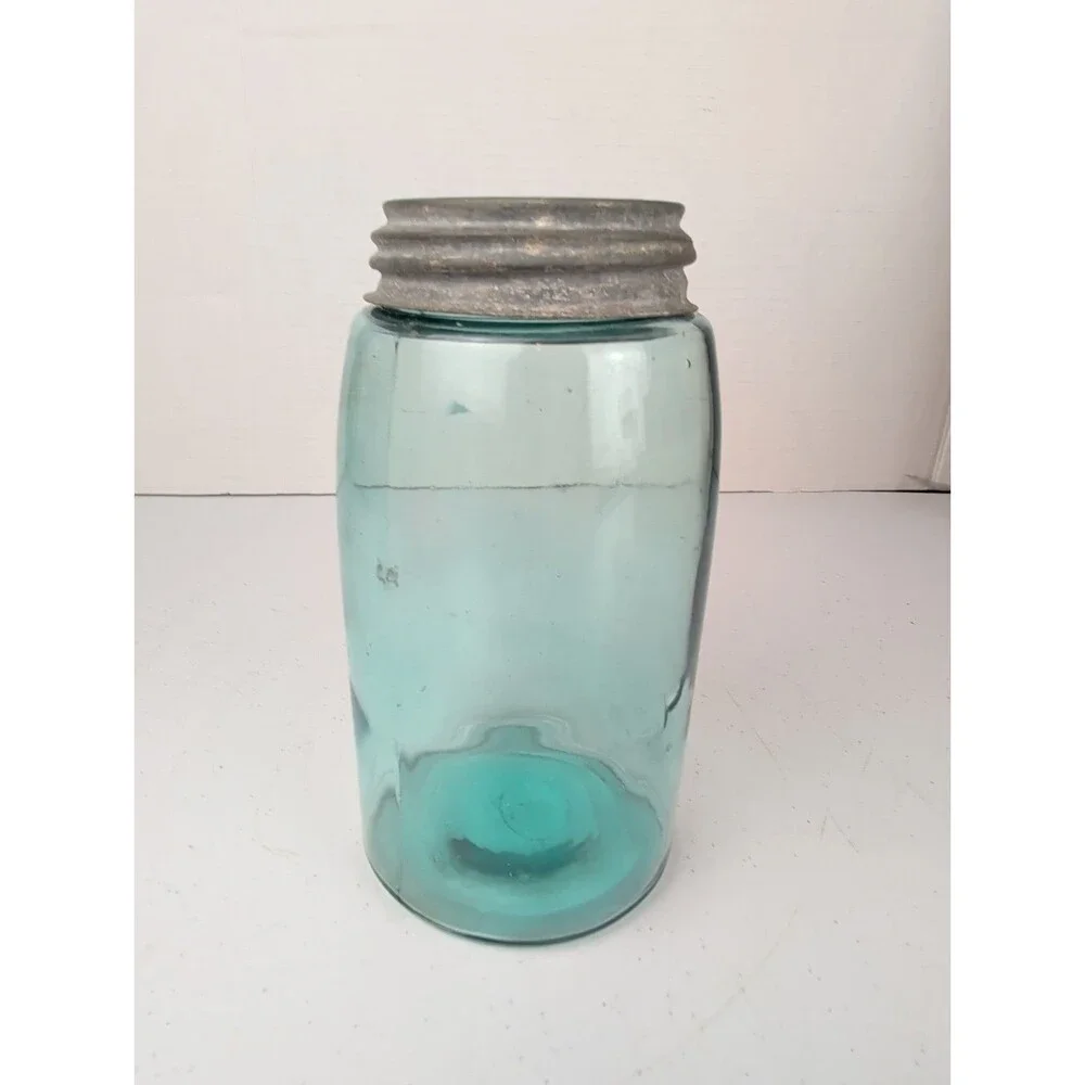 Vintage Aqua Blue Glass Canning Jar w/ Original Zinc Lid – Unembossed – Antique